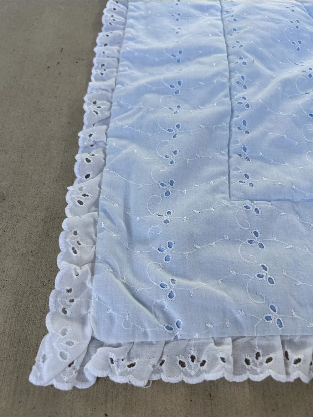 White Eyelet baby blanket white with blue undertone and heart design
